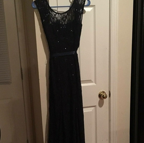 This is a dark navy blue sequined formal dress. - Picture 3 of 4